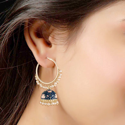 Women's  Gold Plated Traditional Handcrafted Enamelled  Blue Jhumki Hoop Earrings