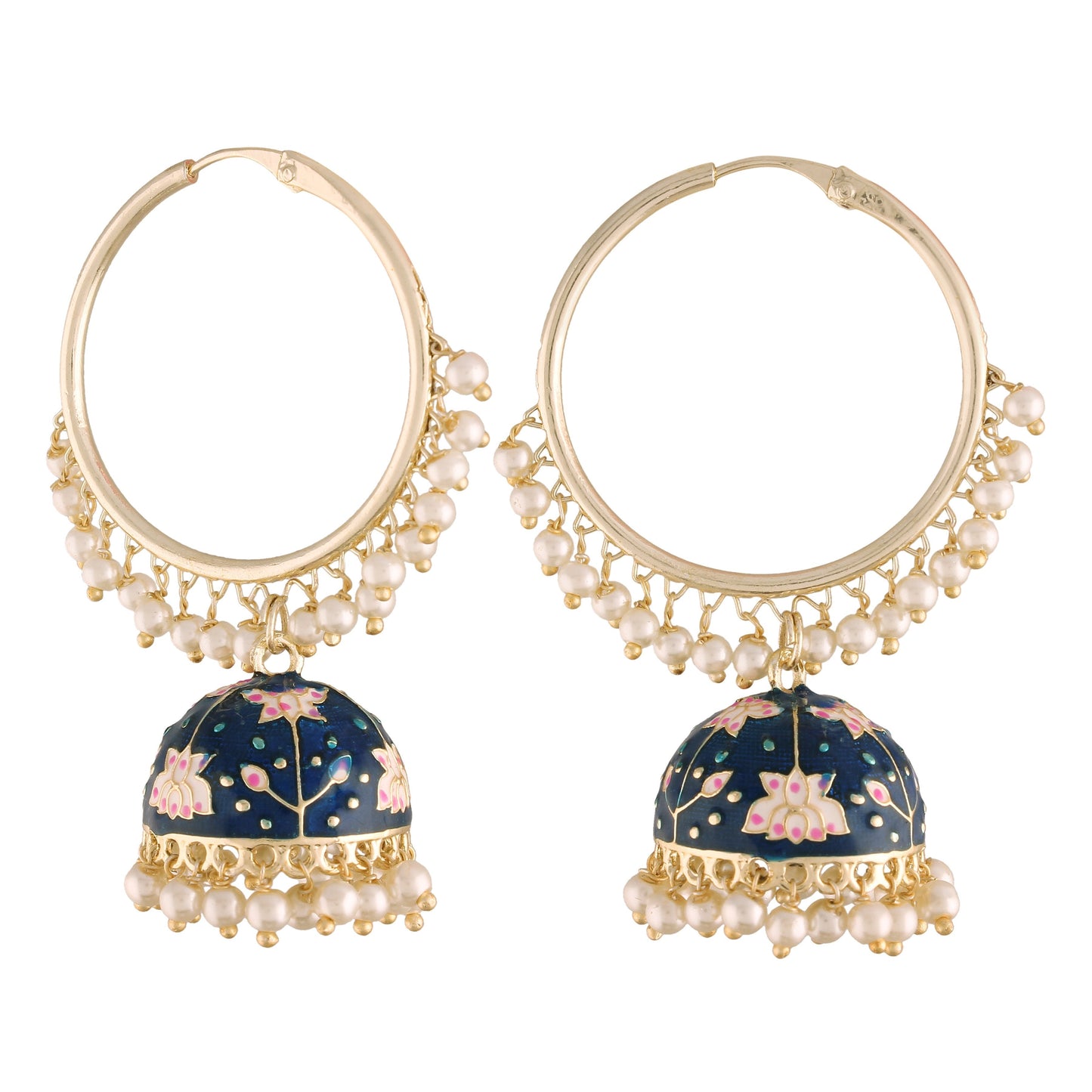 Women's  Gold Plated Traditional Handcrafted Enamelled  Blue Jhumki Hoop Earrings
