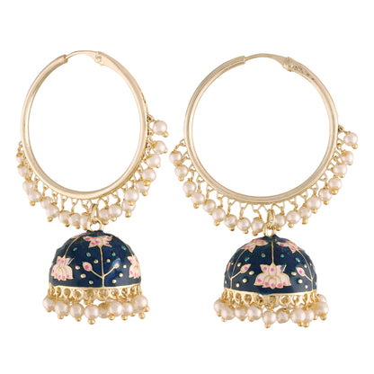 Women's  Gold Plated Traditional Handcrafted Enamelled  Blue Jhumki Hoop Earrings