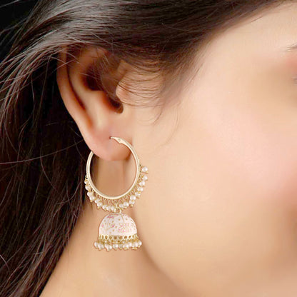 Women's  Gold Plated Traditional Handcrafted Enamelled White Jhumki Hoop Earrings