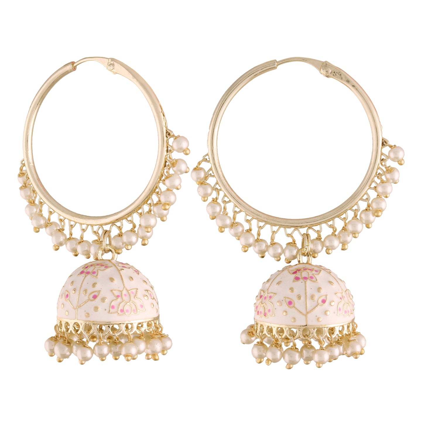Women's  Gold Plated Traditional Handcrafted Enamelled White Jhumki Hoop Earrings