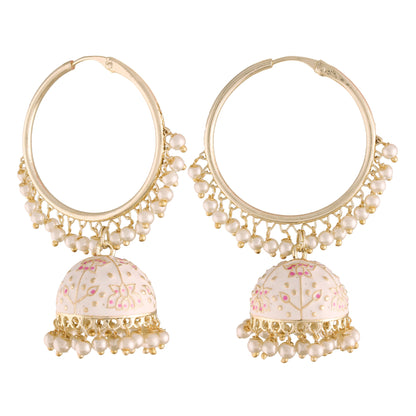 Women's  Gold Plated Traditional Handcrafted Enamelled White Jhumki Hoop Earrings