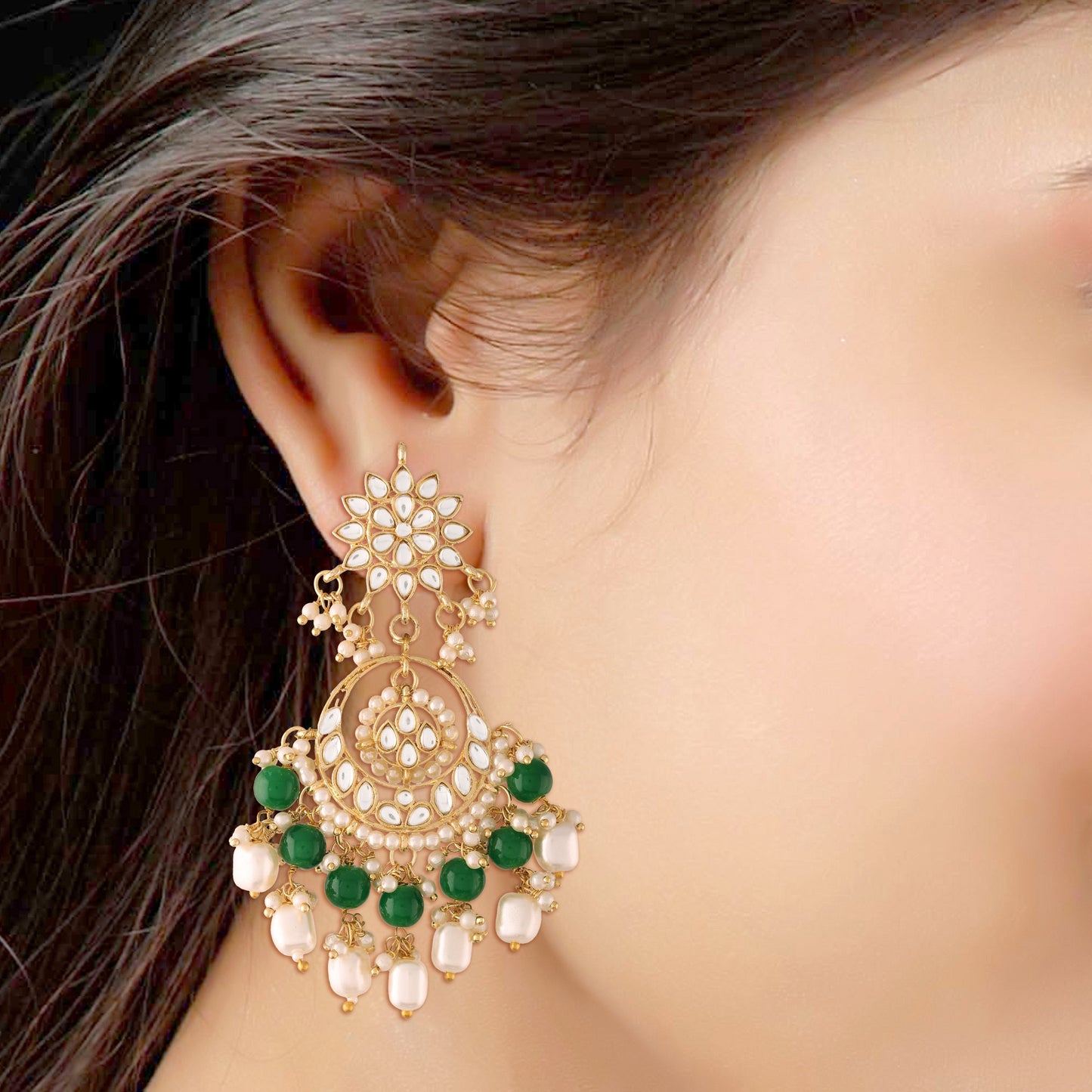 Women's  Gold Plated Green Handcrafted Pearl Kundan Beaded Chandbali Earrings