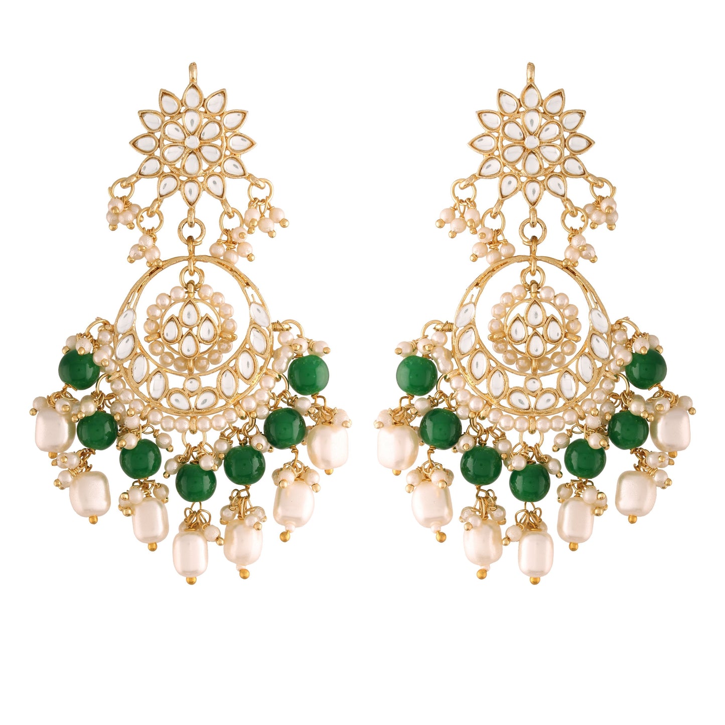 Women's  Gold Plated Green Handcrafted Pearl Kundan Beaded Chandbali Earrings