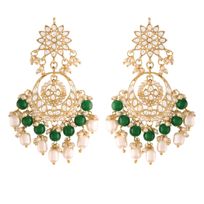 Women's  Gold Plated Green Handcrafted Pearl Kundan Beaded Chandbali Earrings