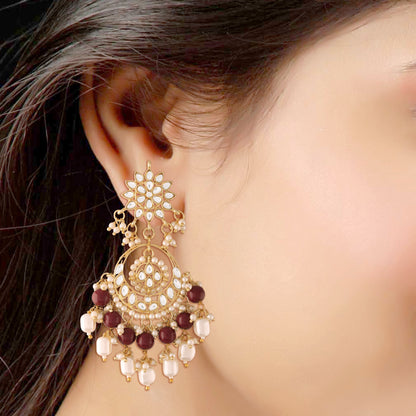Women's  Gold Plated Maroon  Handcrafted Pearl Kundan Beaded Chandbali Earrings