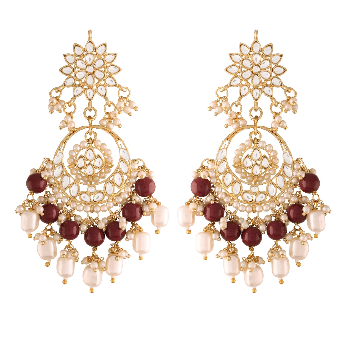 Women's  Gold Plated Maroon  Handcrafted Pearl Kundan Beaded Chandbali Earrings
