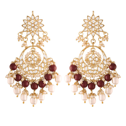 Women's  Gold Plated Maroon  Handcrafted Pearl Kundan Beaded Chandbali Earrings
