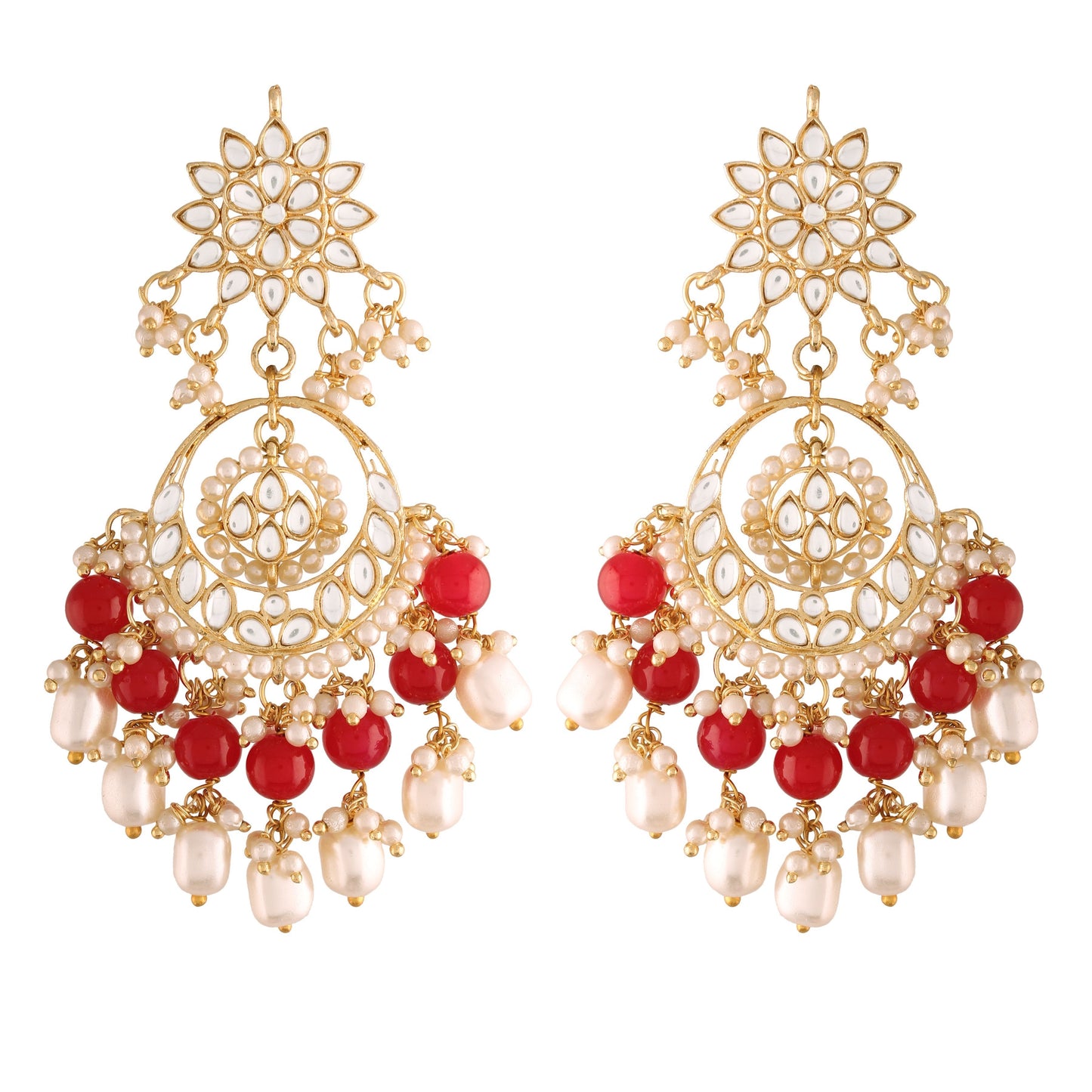 Women's  Gold Plated Red Handcrafted Pearl Kundan Beaded Chandbali Earrings