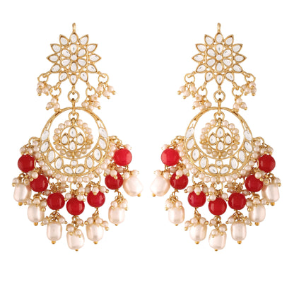 Women's  Gold Plated Red Handcrafted Pearl Kundan Beaded Chandbali Earrings