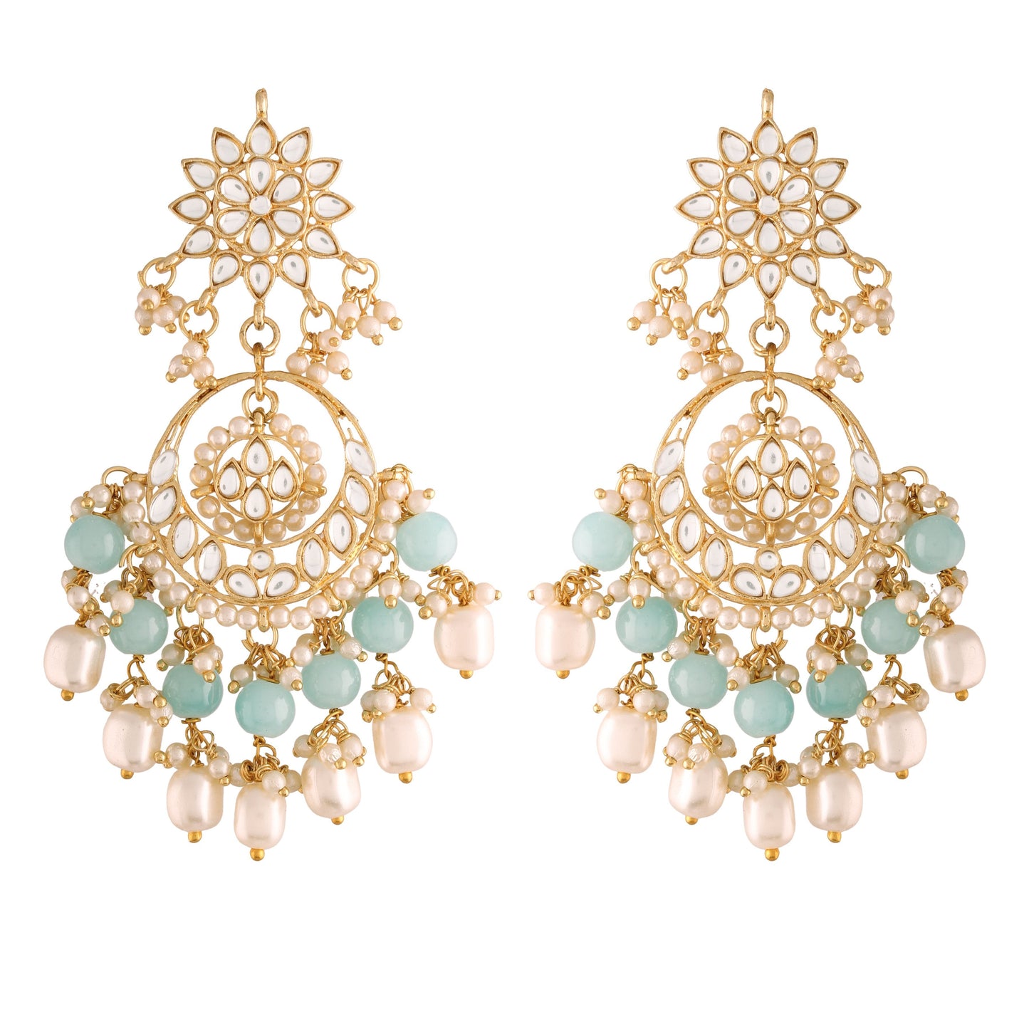Women's  Gold Plated Turquoise Handcrafted Pearl Kundan Beaded Chandbali Earrings