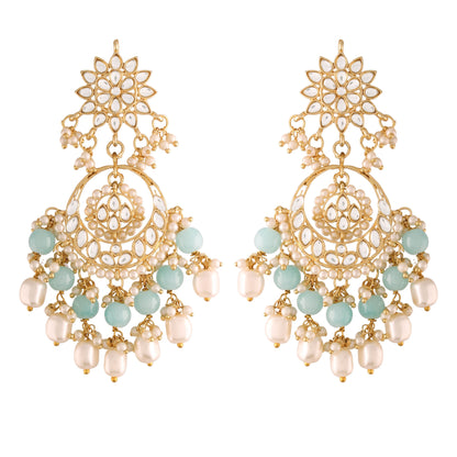 Women's  Gold Plated Turquoise Handcrafted Pearl Kundan Beaded Chandbali Earrings