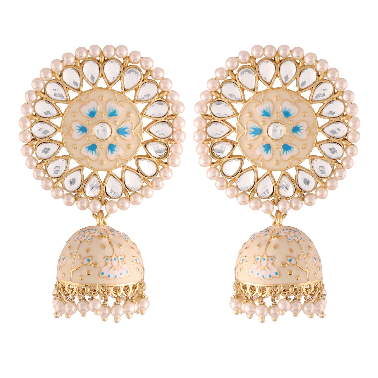 Women's  Gold Plated Blue Handcrafted Kundan Pearl Studded Meenakari Jhumki Earring