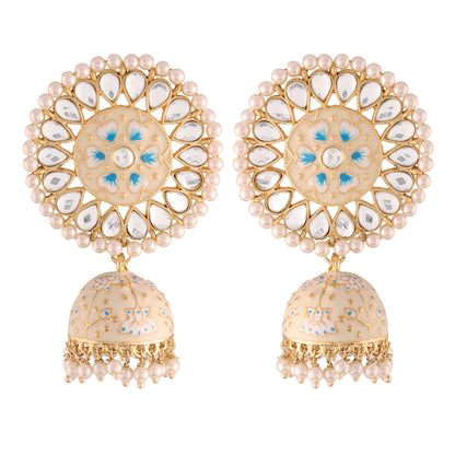Women's  Gold Plated Blue Handcrafted Kundan Pearl Studded Meenakari Jhumki Earring