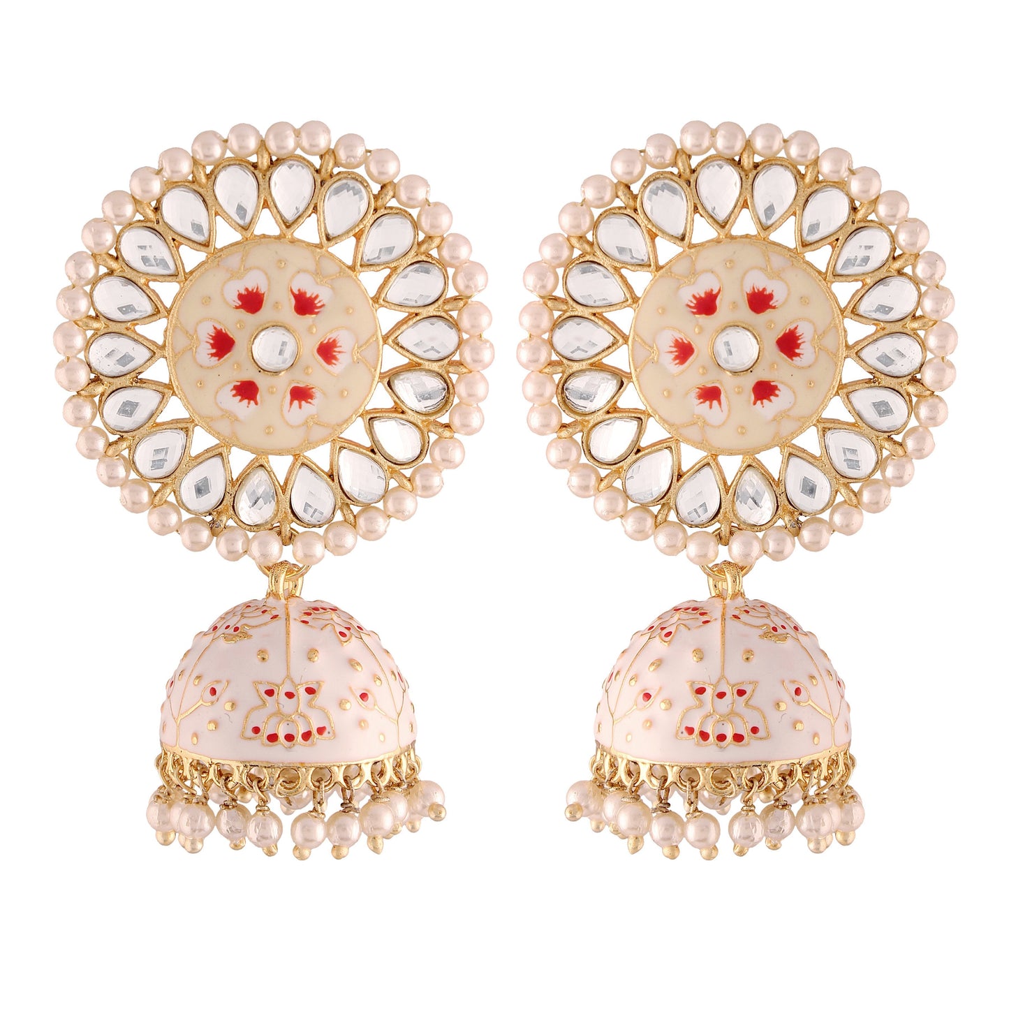 Women's  Gold Plated Cream Handcrafted Kundan Pearl Studded Meenakari Jhumki Earring