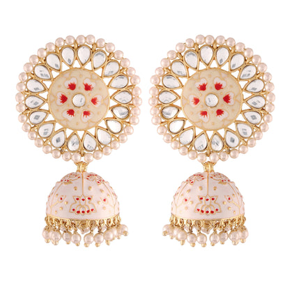 Women's  Gold Plated Cream Handcrafted Kundan Pearl Studded Meenakari Jhumki Earring