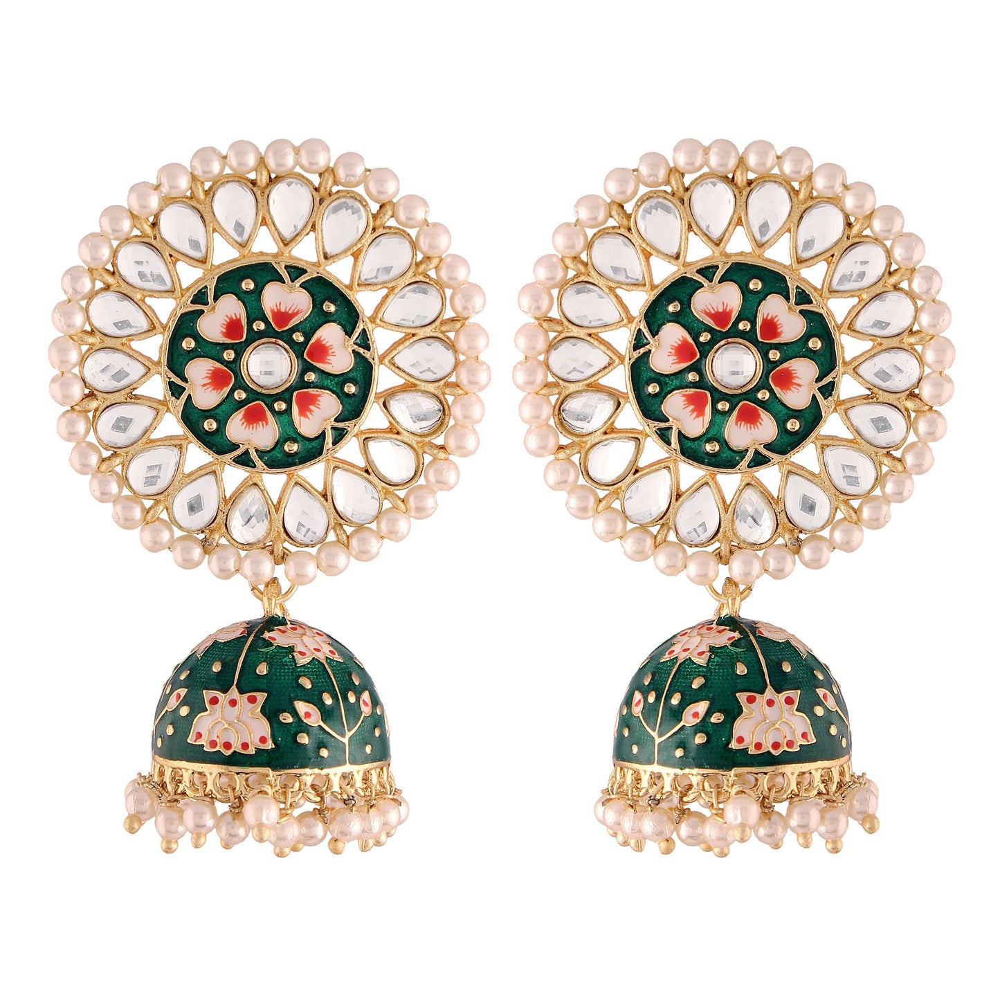 Women's  Gold Plated Green Handcrafted Kundan Pearl Studded Meenakari Jhumki Earring