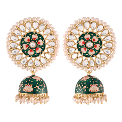 Women's  Gold Plated Green Handcrafted Kundan Pearl Studded Meenakari Jhumki Earring