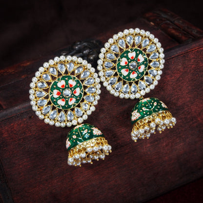 Women's  Gold Plated Green Handcrafted Kundan Pearl Studded Meenakari Jhumki Earring