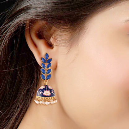 Women's 18k gold plated blue enamelled leaf shaped jhumki earringse2922gr