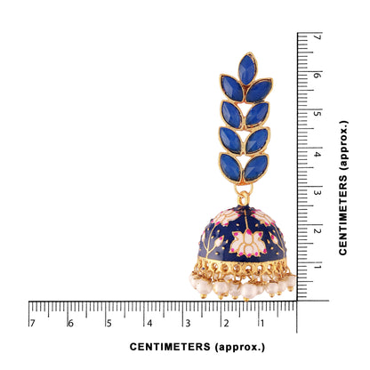 Women's 18k gold plated blue enamelled leaf shaped jhumki earringse2922gr