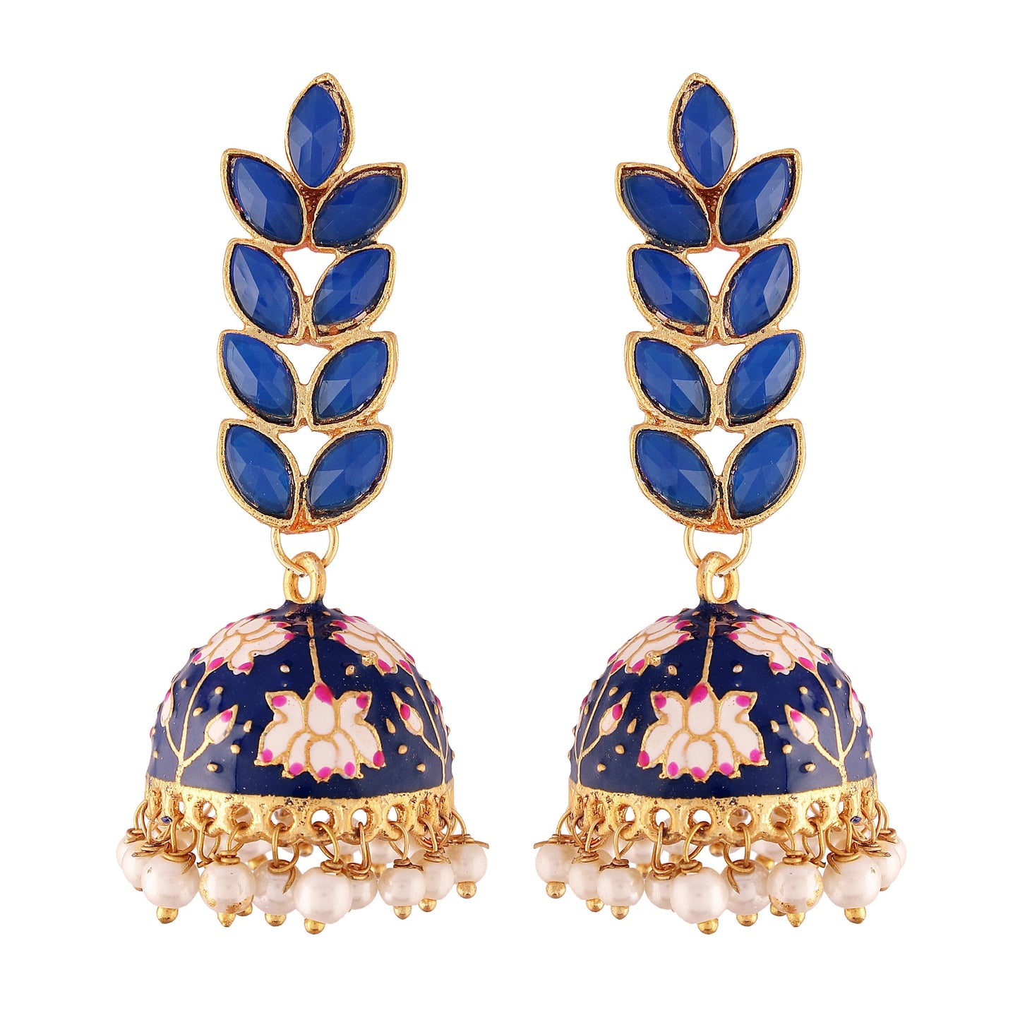 Women's 18k gold plated blue enamelled leaf shaped jhumki earringse2922gr