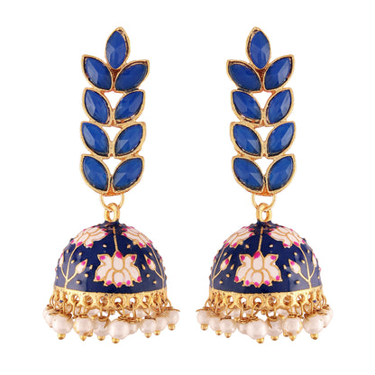 Women's 18k gold plated blue enamelled leaf shaped jhumki earringse2922gr