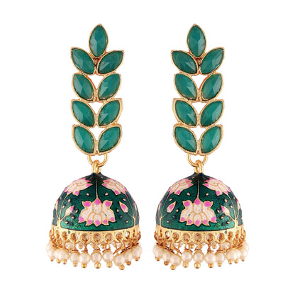 Women's 18k gold plated grey enamelled leaf shaped jhumki earringse2922gr