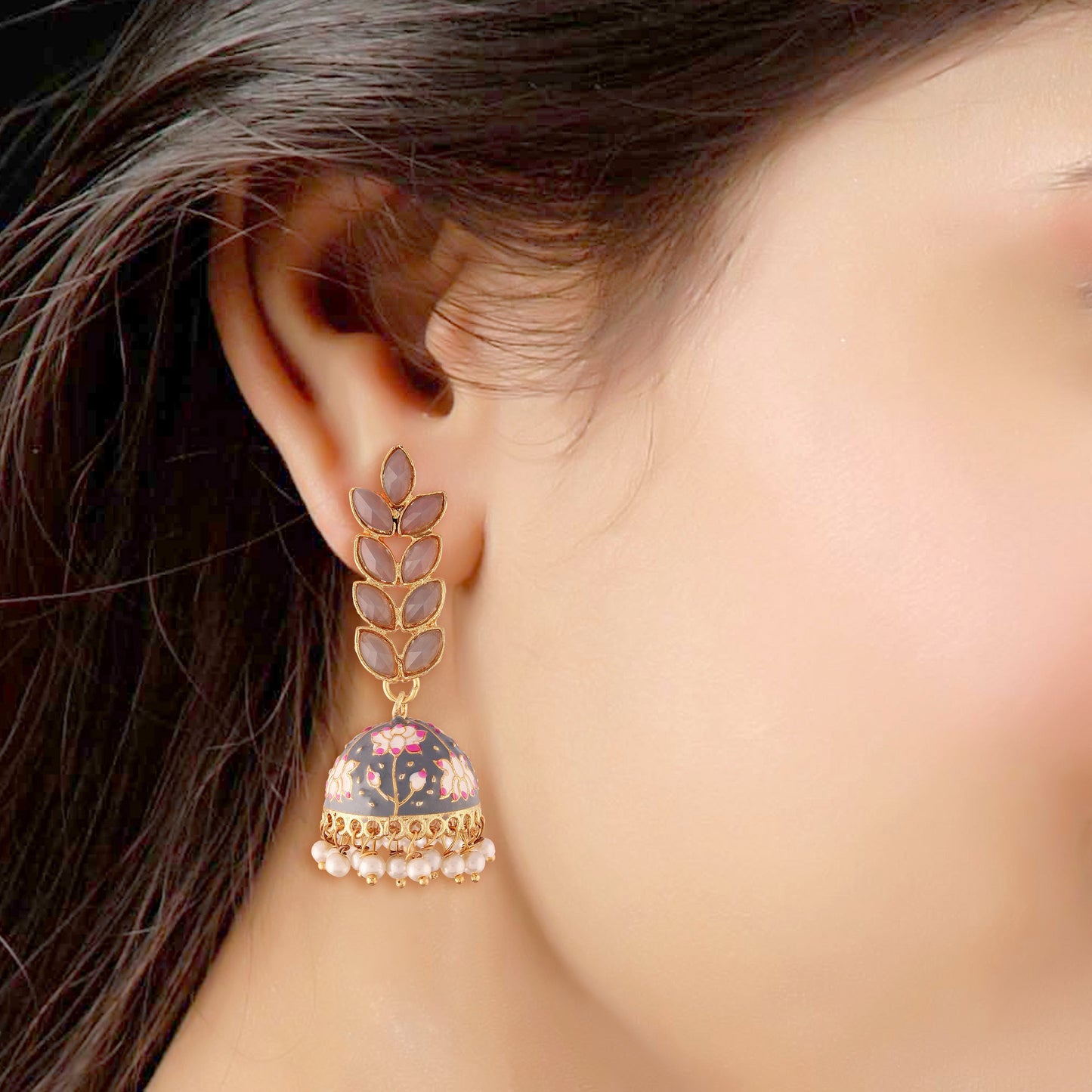 Women's 18k gold plated grey enamelled leaf shaped jhumki earringse2922gr