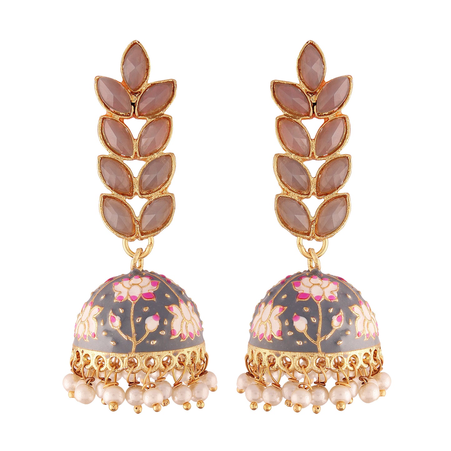 Women's 18k gold plated grey enamelled leaf shaped jhumki earringse2922gr