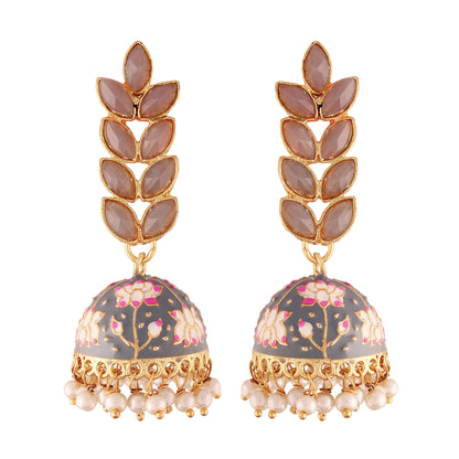 Women's 18k gold plated grey enamelled leaf shaped jhumki earringse2922gr