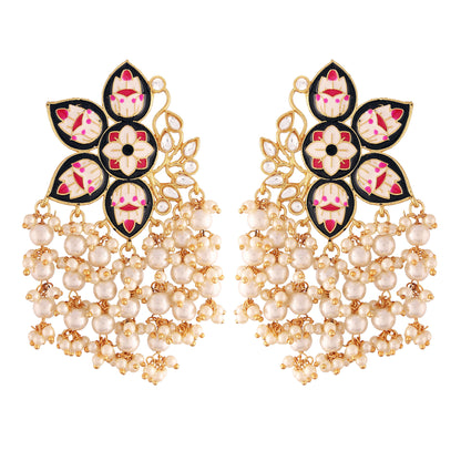 Women's 18k Black gold plated handcrafted kundan studded floral drop earrings