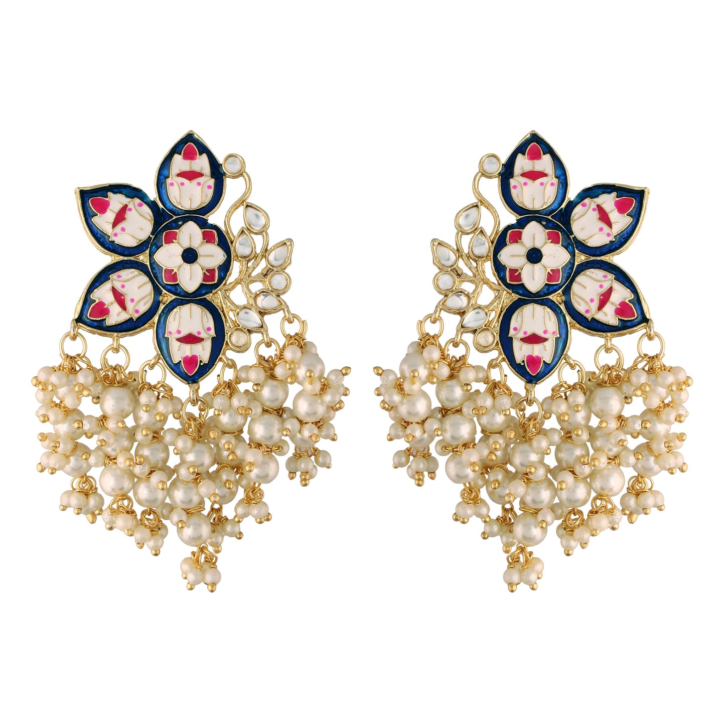 Women's 18k Blue gold plated handcrafted kundan studded floral drop earrings