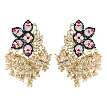 Women's 18k Blue gold plated handcrafted kundan studded floral drop earrings