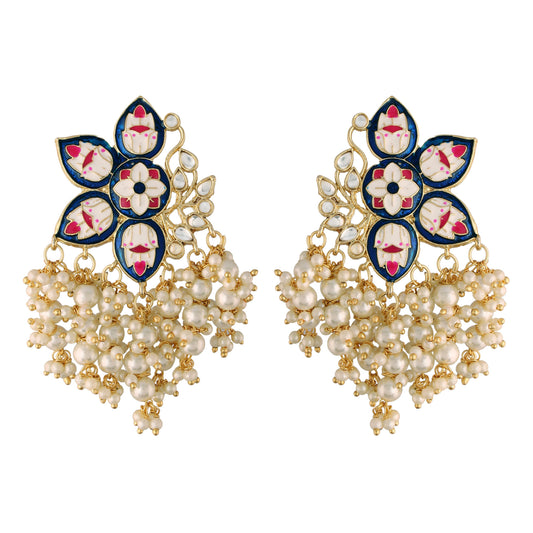 Women's 18k Blue gold plated handcrafted kundan studded floral drop earrings