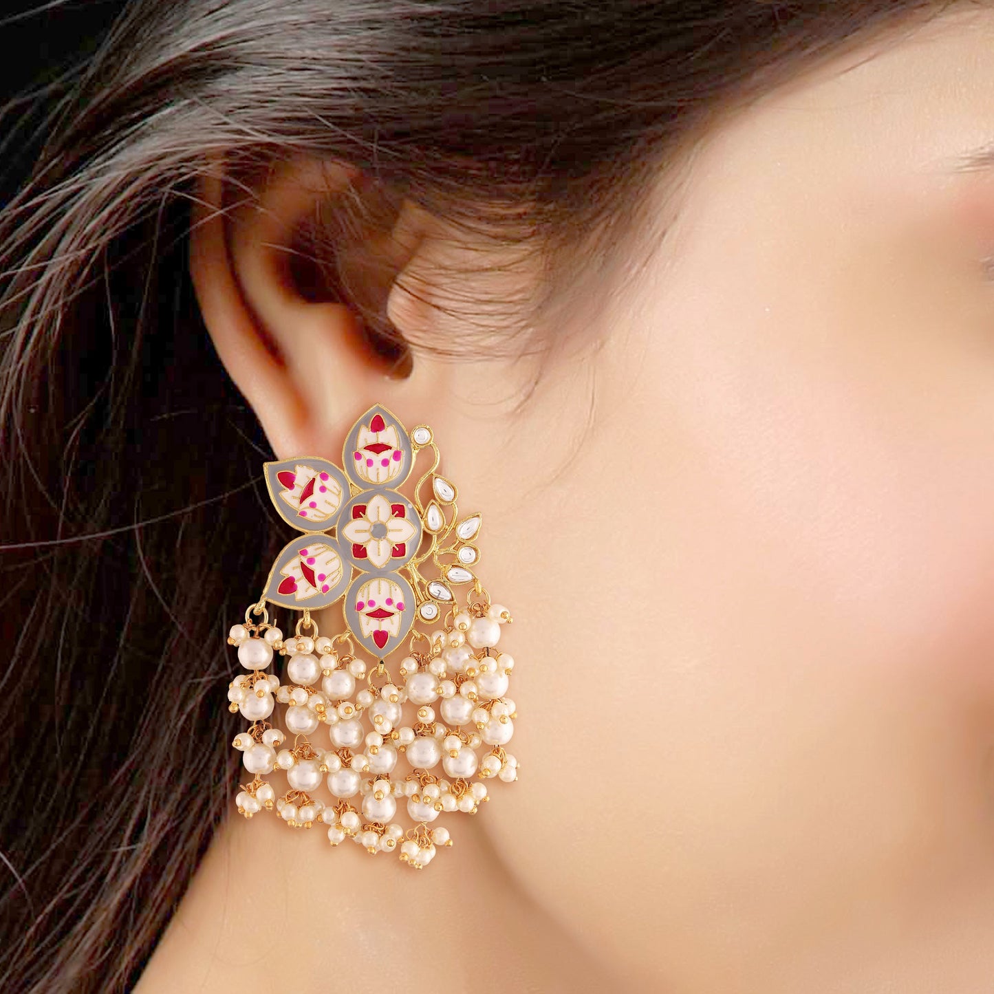 Women's 18k green gold plated handcrafted kundan studded floral drop earrings