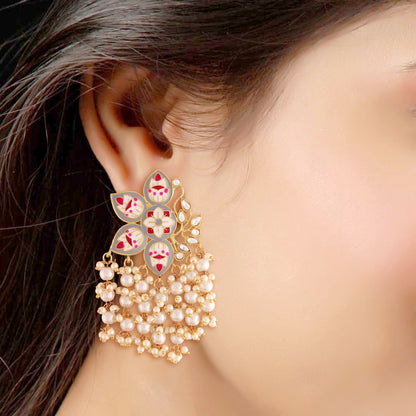 Women's 18k green gold plated handcrafted kundan studded floral drop earrings