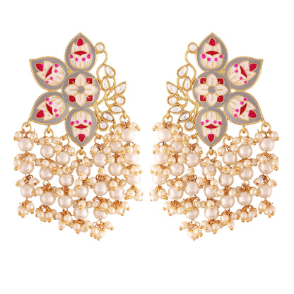 Women's 18k green gold plated handcrafted kundan studded floral drop earrings