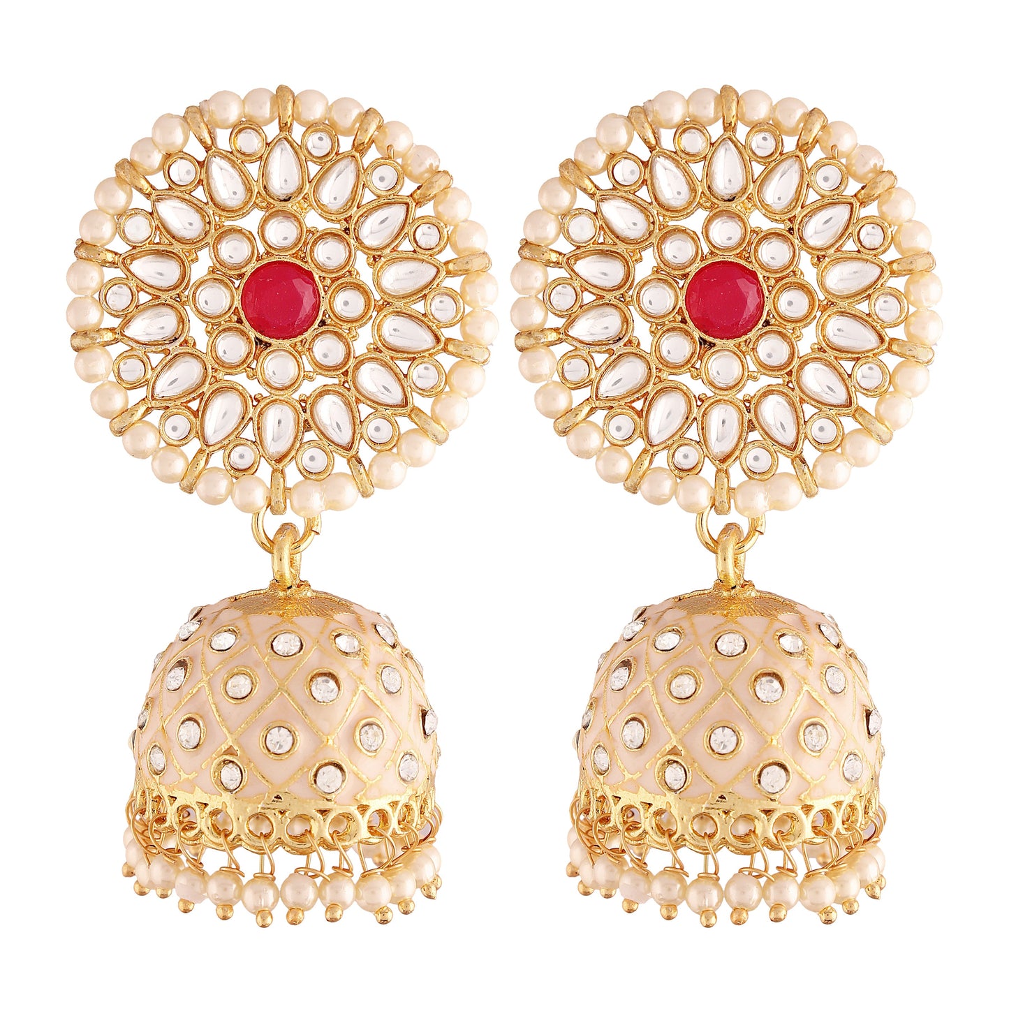 Women's 18k gold plated floral handcrafted cream meenakari jhumka earring e2925cr