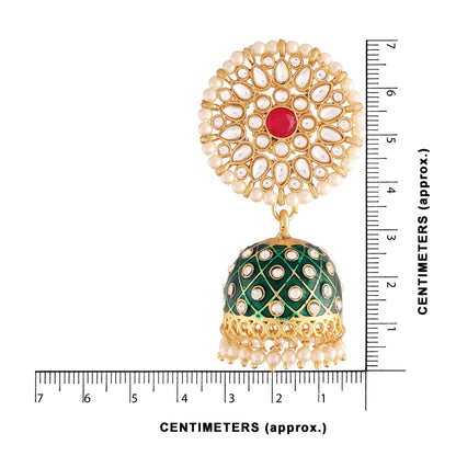 Women's 18k gold plated floral handcrafted Green meenakari jhumka earring e2925cr