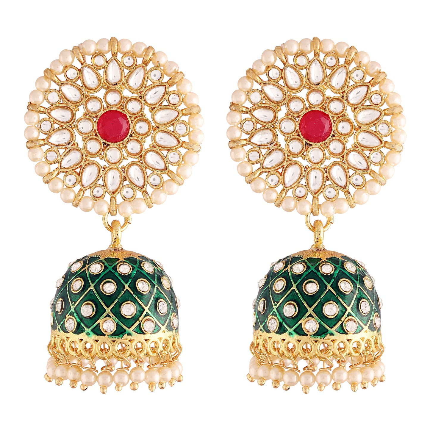 Women's 18k gold plated floral handcrafted Green meenakari jhumka earring e2925cr