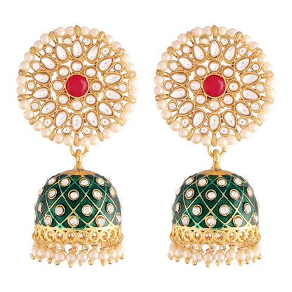 Women's 18k gold plated floral handcrafted Green meenakari jhumka earring e2925cr
