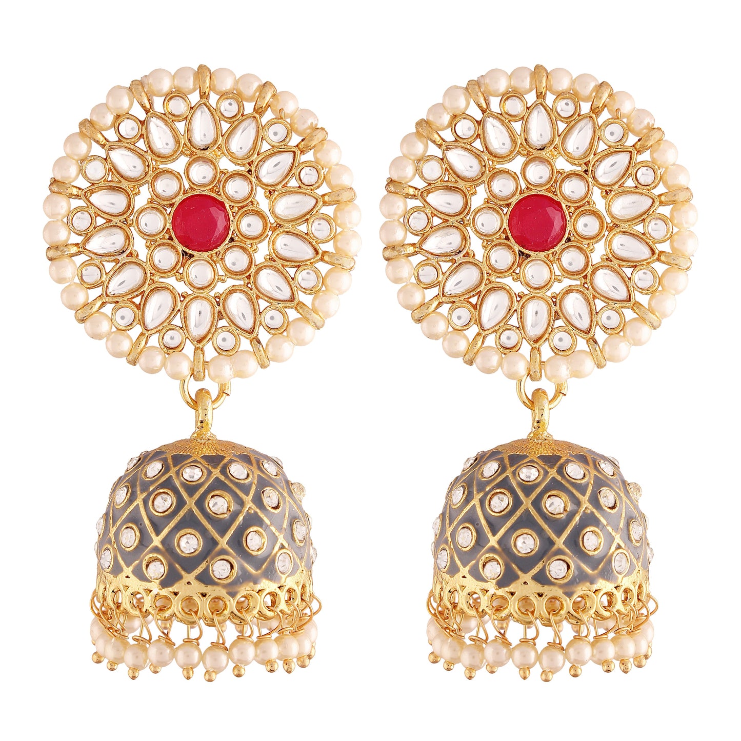 Women's 18k gold plated floral handcrafted Grey meenakari jhumka earring e2925cr