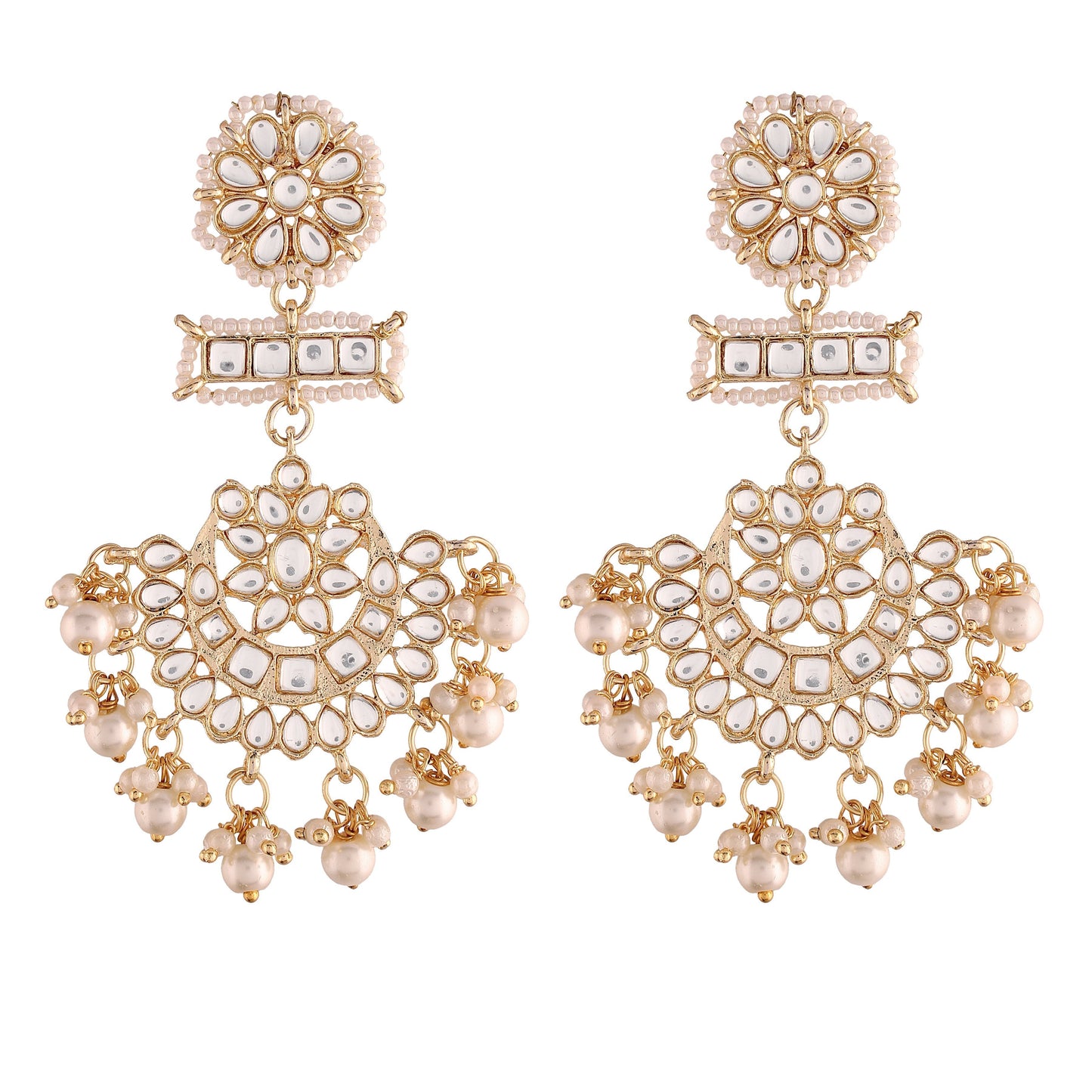 Women's White Gold Plated Beaded Chandbali Earrings Glided With Kundans & Pearls