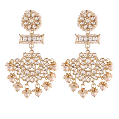 Women's White Gold Plated Beaded Chandbali Earrings Glided With Kundans & Pearls