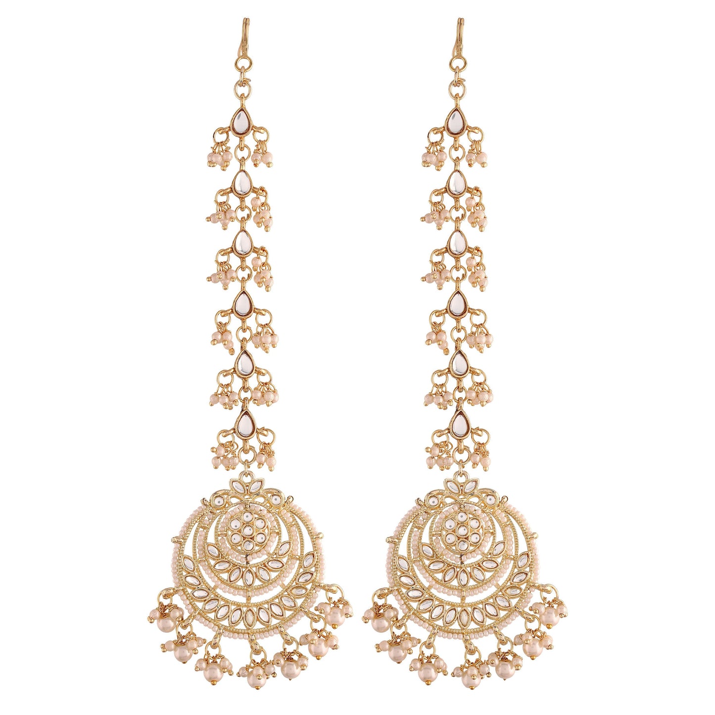 Women's  Gold Plated White Alloy Kundan Stones & Pearl Earrings With Hair Chain