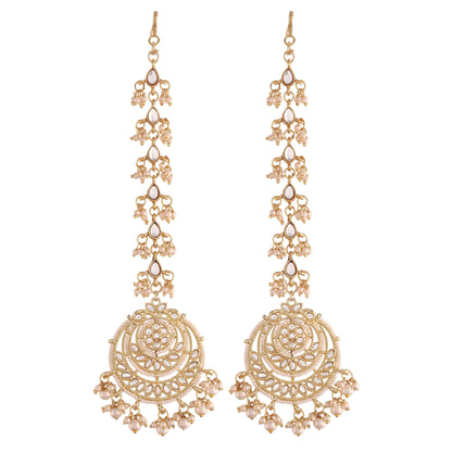 Women's  Gold Plated White Alloy Kundan Stones & Pearl Earrings With Hair Chain