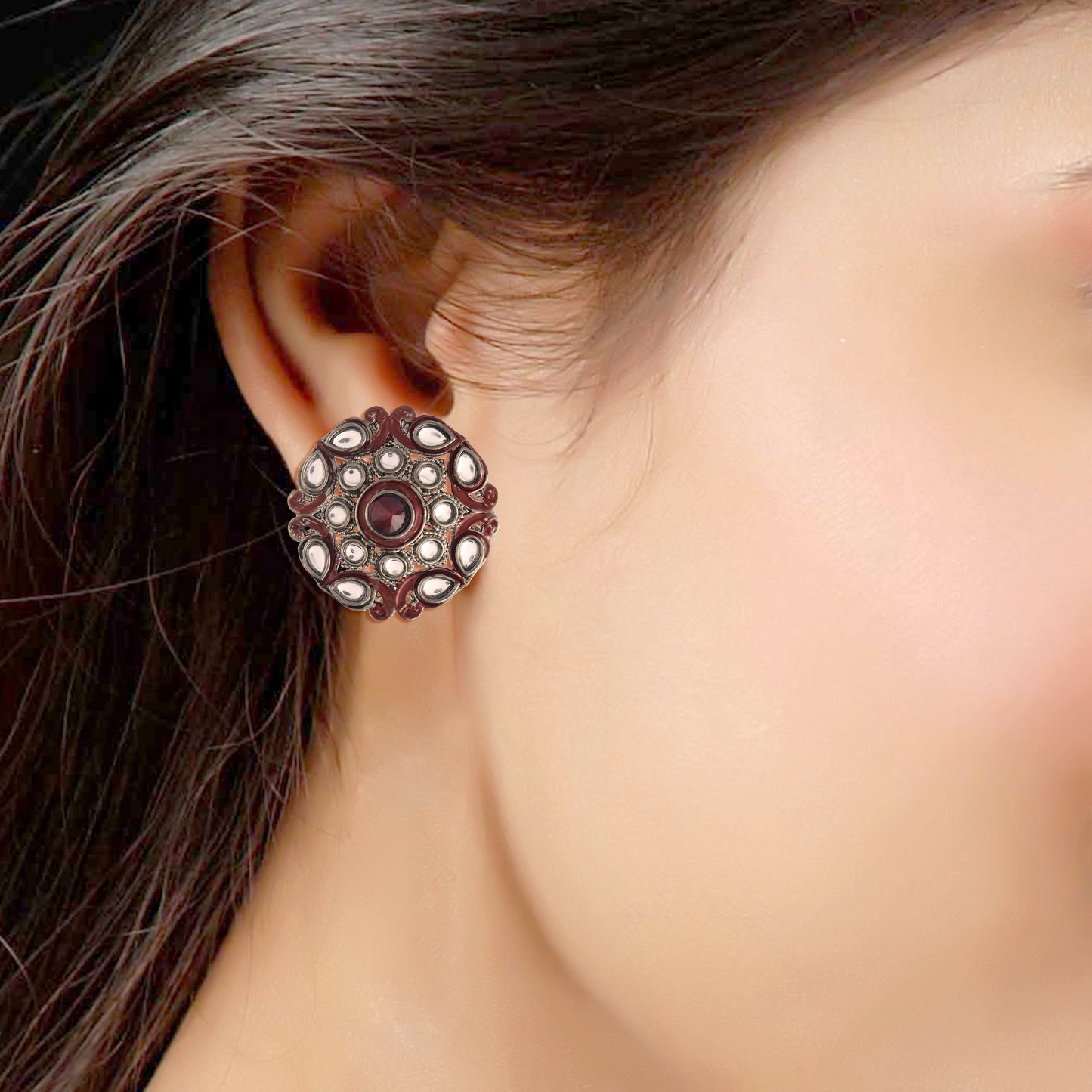 Women's  Silver Oxidized Maroon Kundan Studded Meena Work Designer Circular Stud Earrings