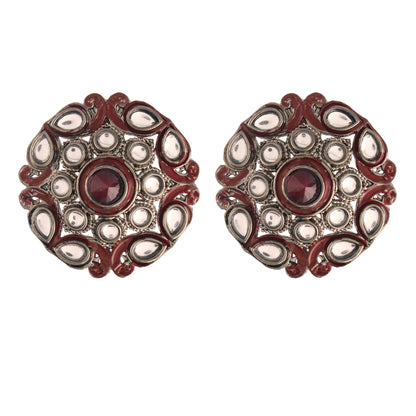 Women's  Silver Oxidized Maroon Kundan Studded Meena Work Designer Circular Stud Earrings