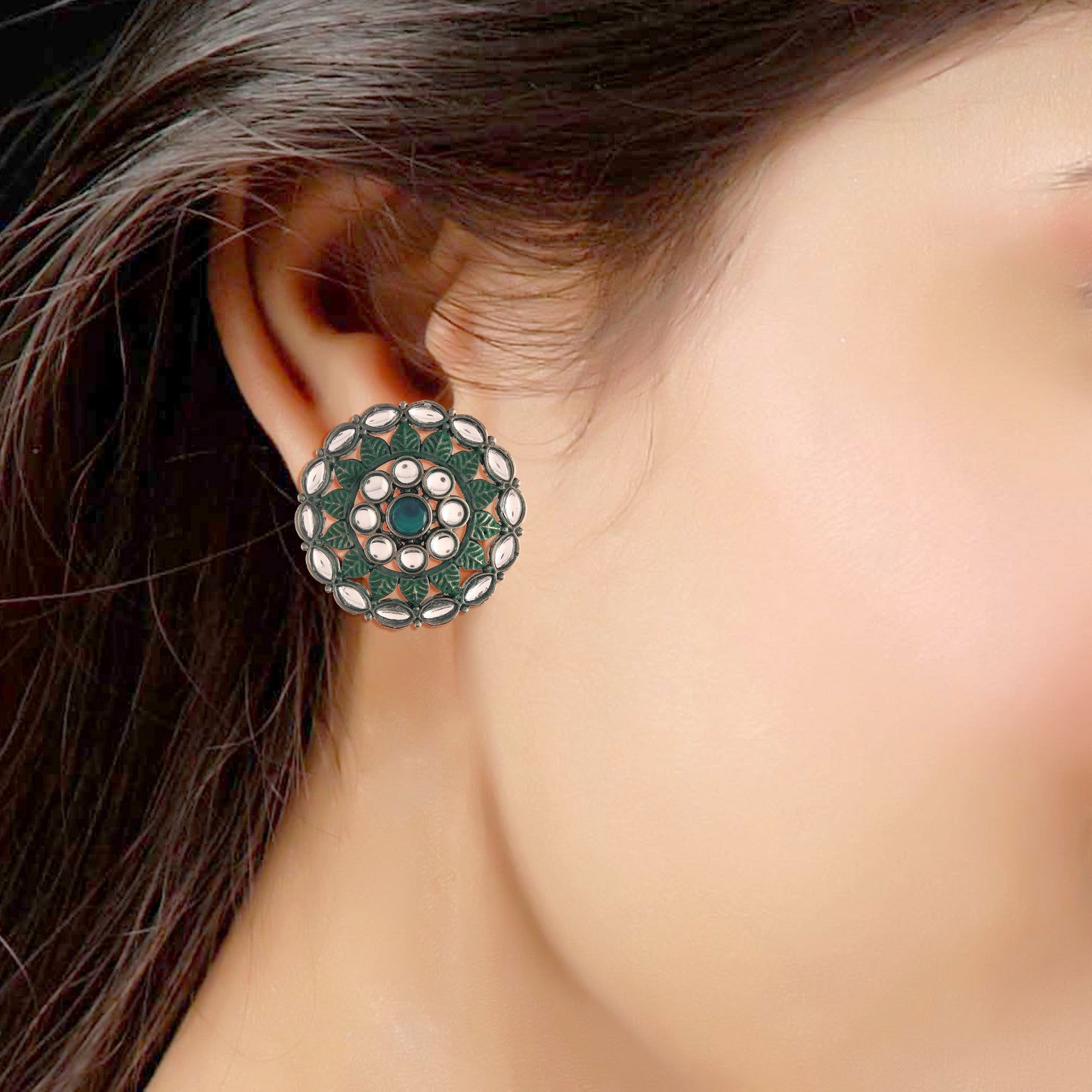 Women's  Silver Oxidized Green Kundan Studded Meena Work Designer Circular Stud Earrings